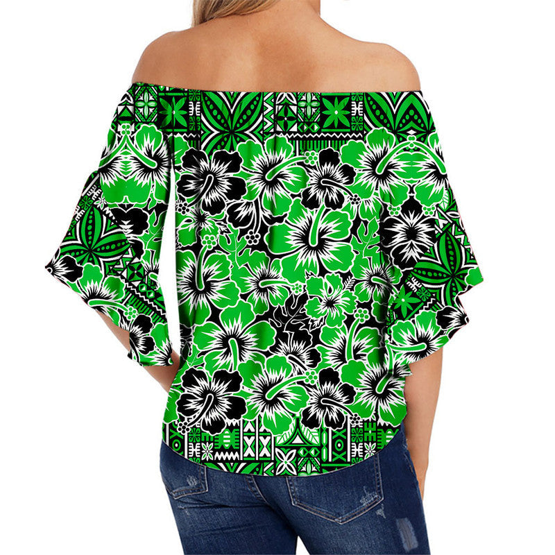 Fiji Hibiscus Festival Off Shoulder Waist Wrap Top Green