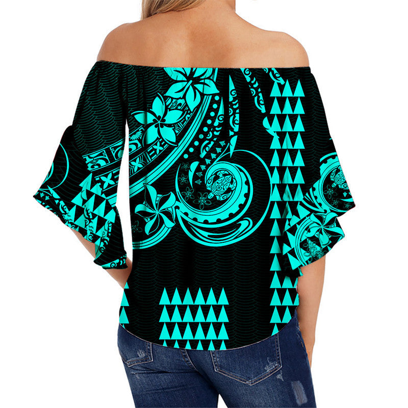 Kakau Hawaiian Polynesian Off Shoulder Waist Wrap Top Turquoise Green