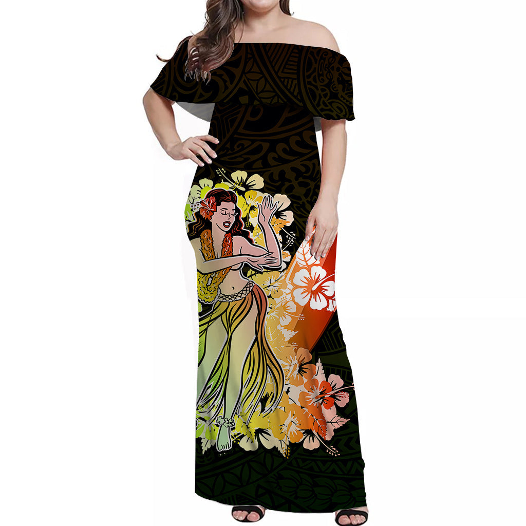 Hawaii Hula Girl Off Shoulder Long Dress Polynesian Style No.1