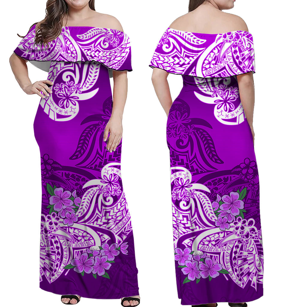 Polynesian Floral Tribal Off Shoulder Long Dress Purple