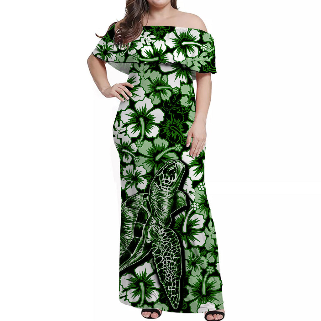 Hawaii Turtle Off Shoulder Long Dress With Hibiscus Green Style
