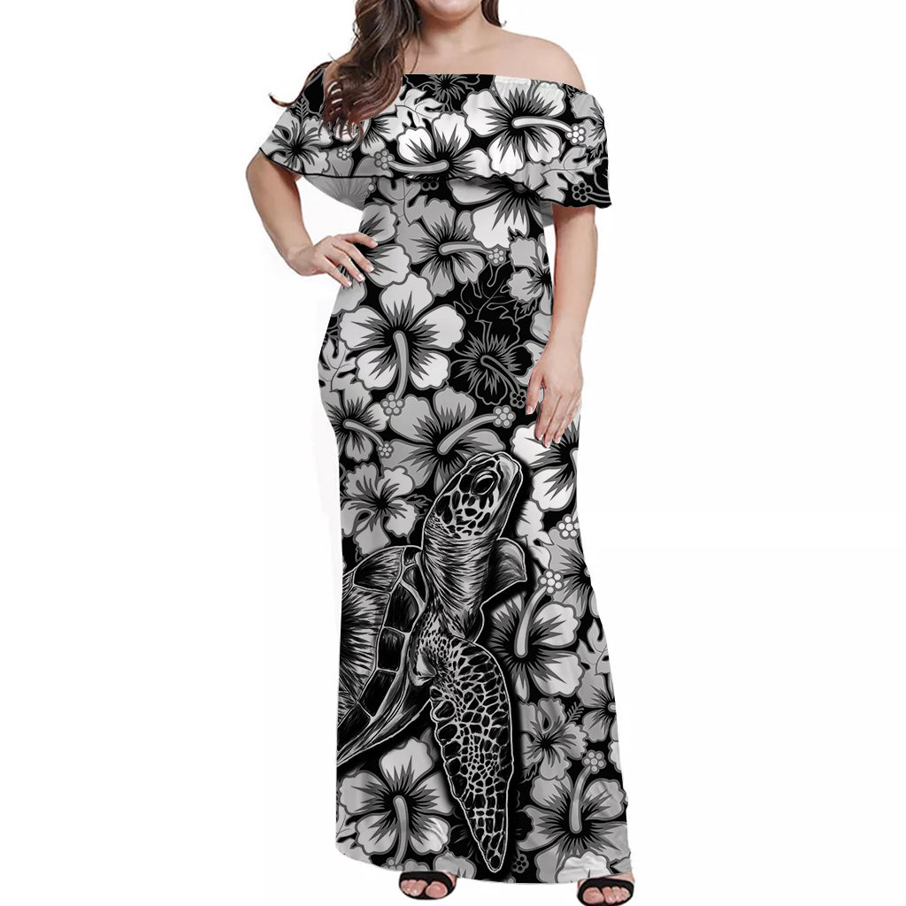 Hawaii Turtle Off Shoulder Long Dress With Hibiscus Black Style