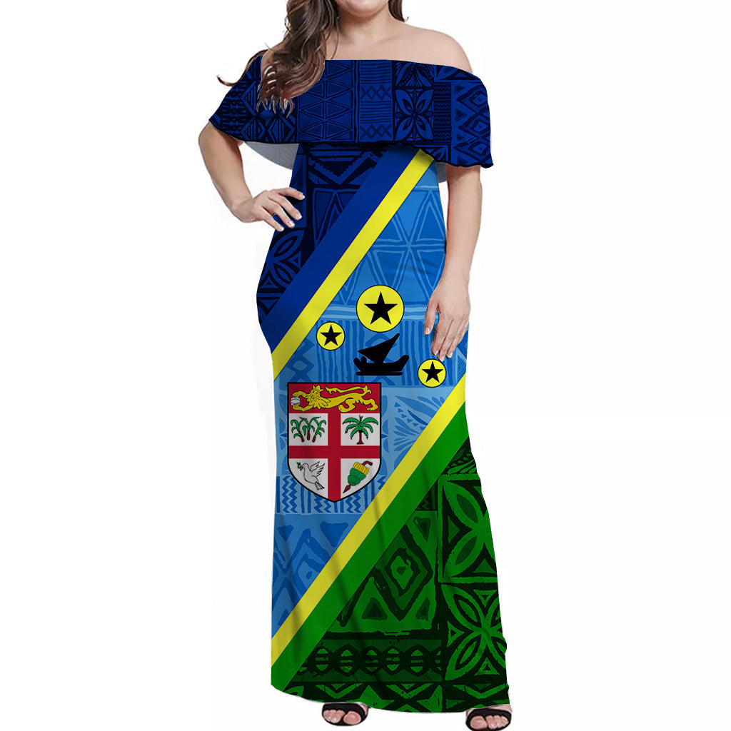 Vanuatu Malampa Fiji Day Off Shoulder Long Dress Combine Flag Design