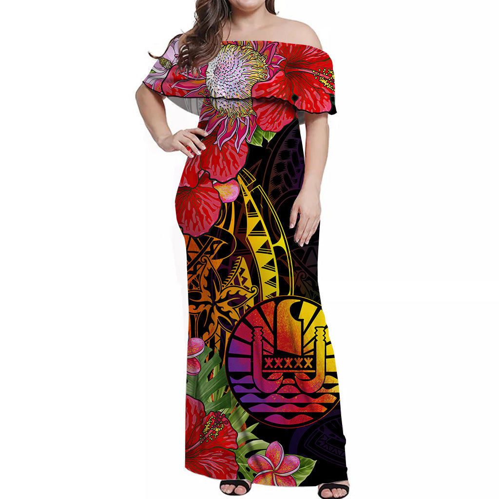 Tahiti French Polynesia Off Shoulder Long Dress Tropical Hippie Style