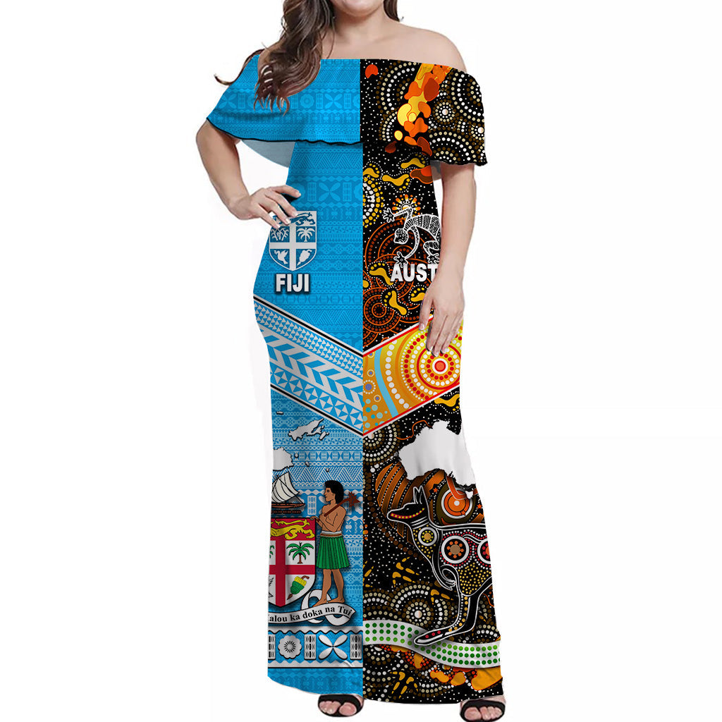 Australia Aboriginal And Fiji Tapa Off Shoulder Long Dress Together