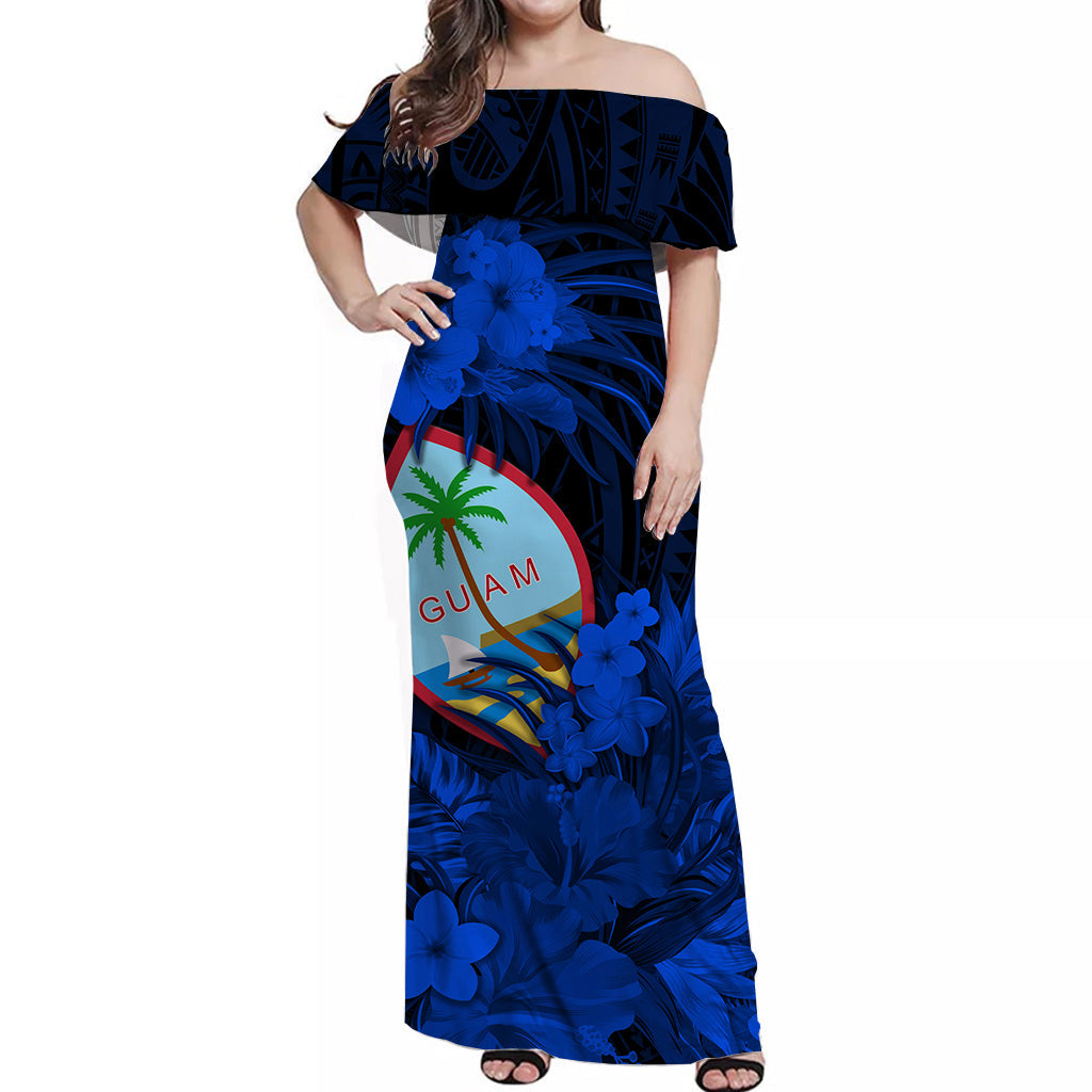 Guam Polynesian Off Shoulder Long Dress Tropical Flowers Blue