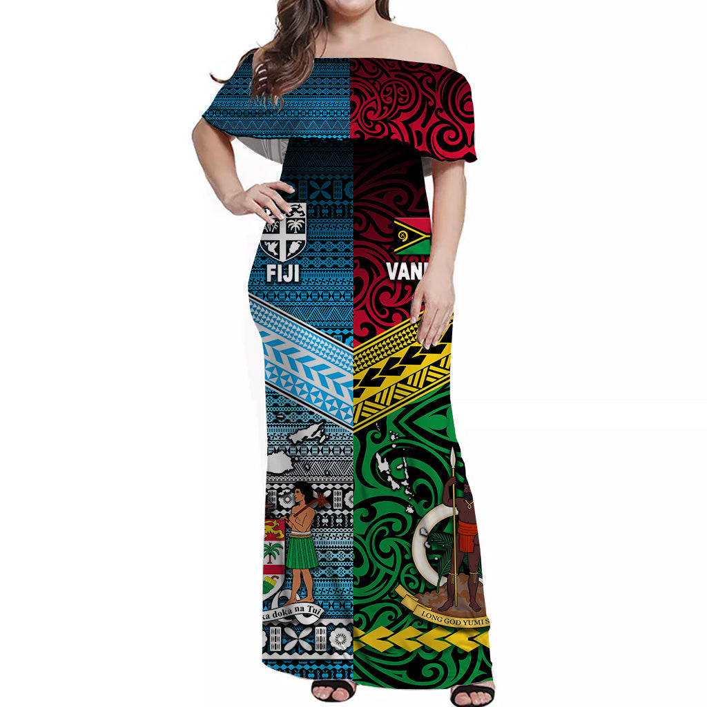 Vanuatu And Fiji Off Shoulder Long Dress Together Blue
