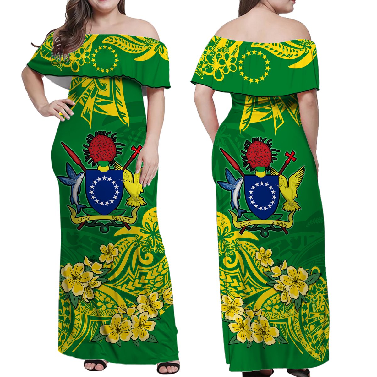 Cook Island Off Shoulder Long Dress Polynesian Floral Tribal