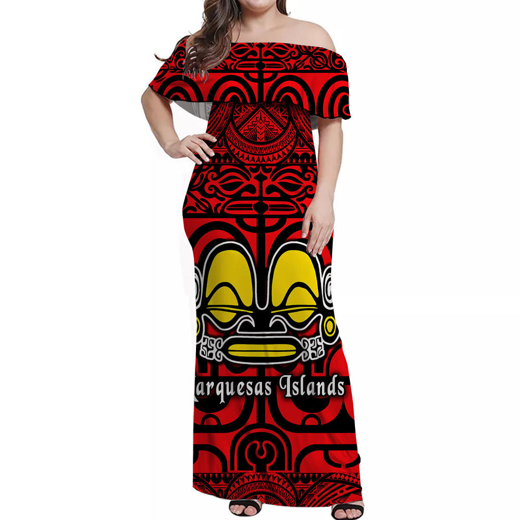 Marquesas Islands Off Shoulder Long Dress Simple Style Red