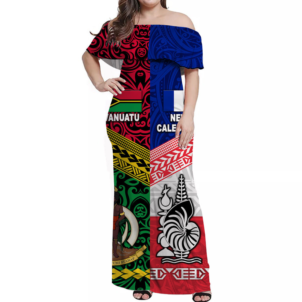 Vanuatu And New Caledonia Flag Style Off Shoulder Long Dress Together
