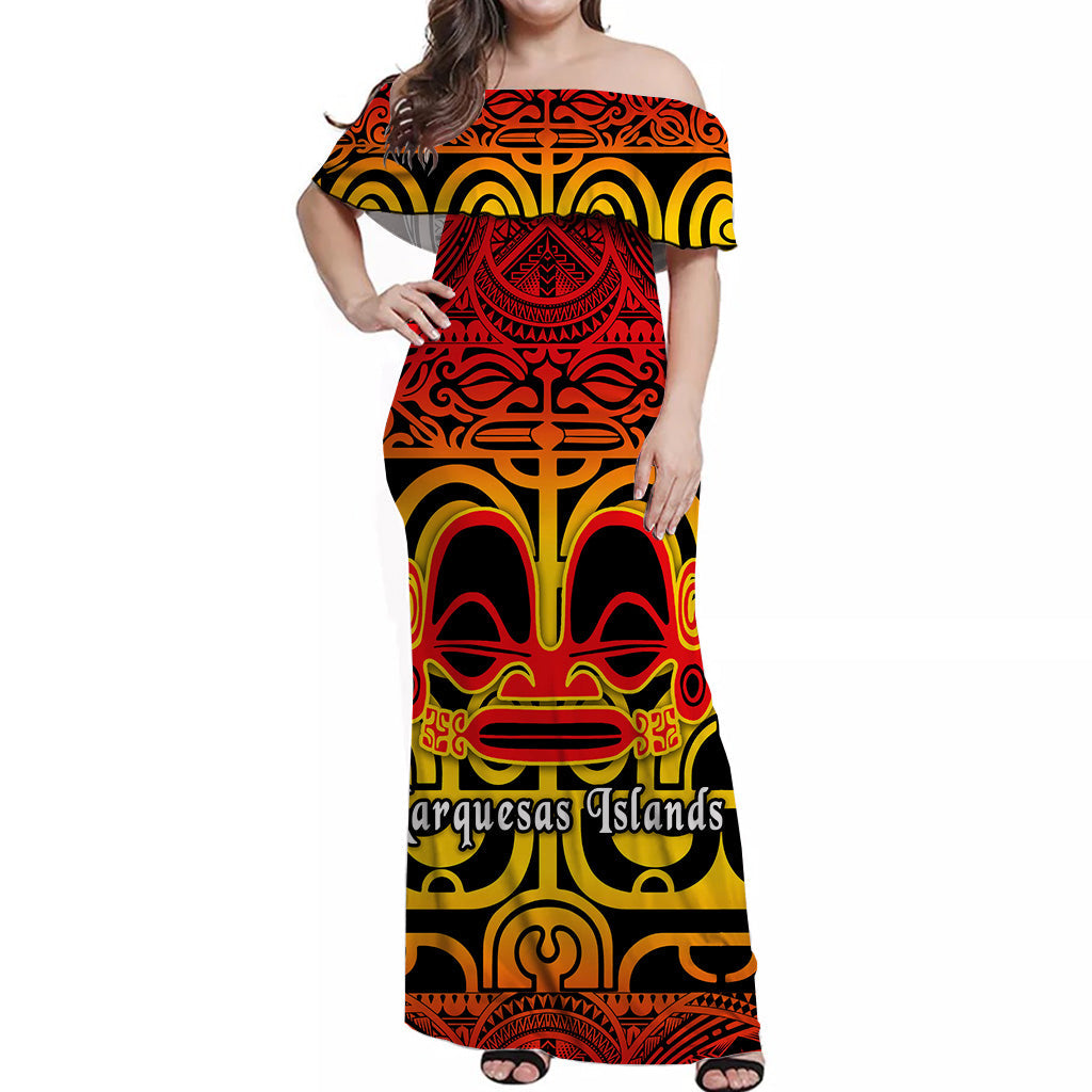Marquesas Islands Off Shoulder Long Dress Simple Style Gradient Red