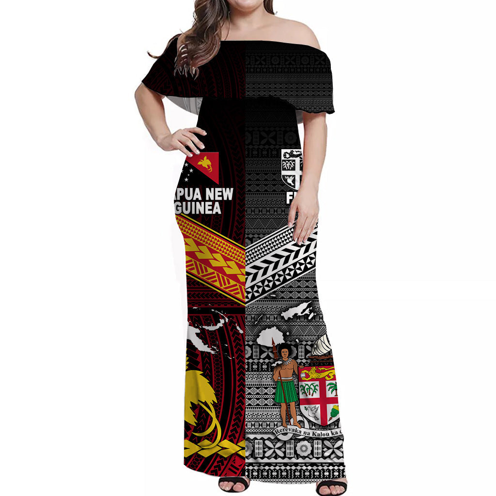 Papua New Guinea Polynesian And Fiji Tapa Together Off Shoulder Long Dress Black