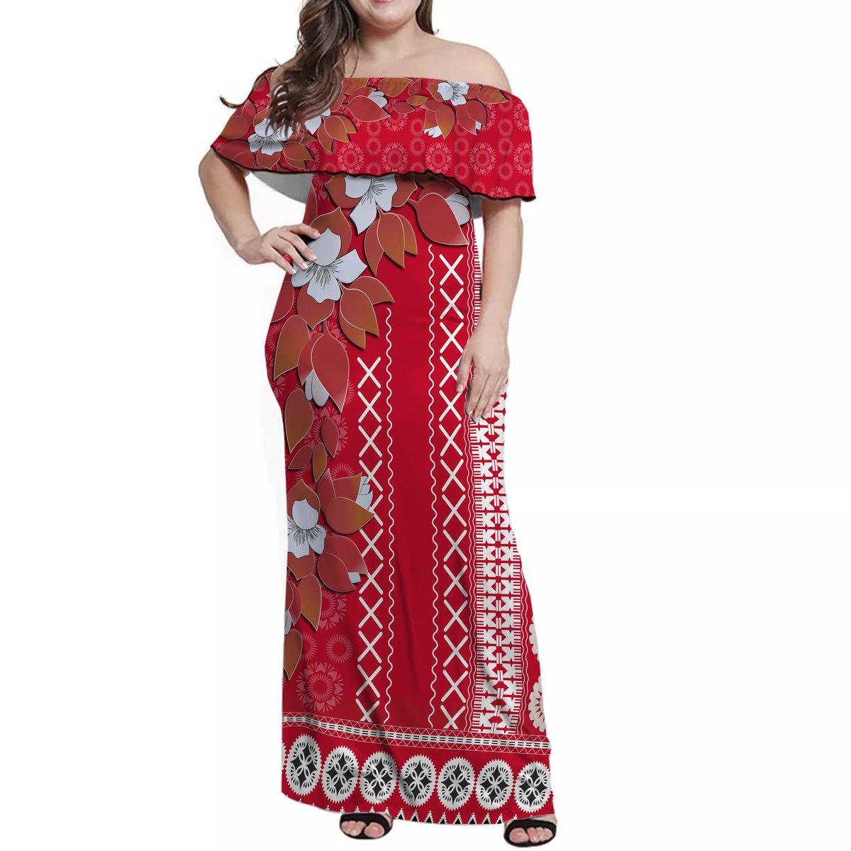 Fiji Off Shoulder Long Dress Tagimoucia Mixed White Tapa Style