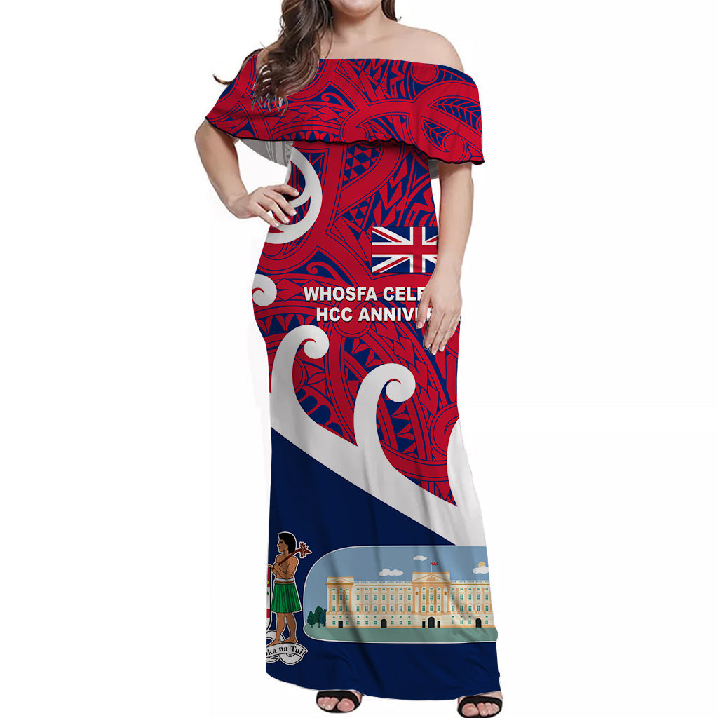 Whosfa Celebrates HCC Anniversary Fiji United Kingdom Off Shoulder Long Dress Silver Fern Koru Vibes Navy Blue