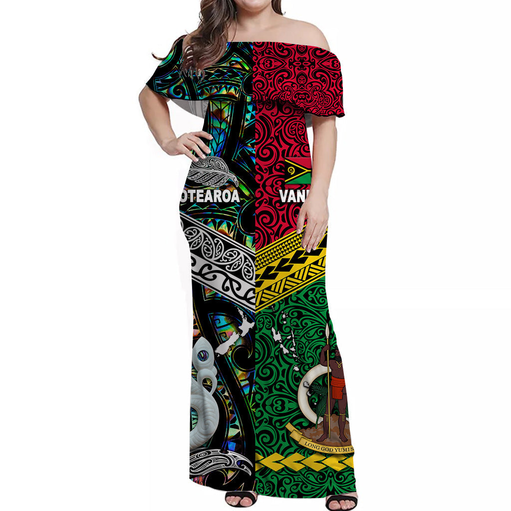 Vanuatu And New Zealand Off Shoulder Long Dress Together Paua Shell