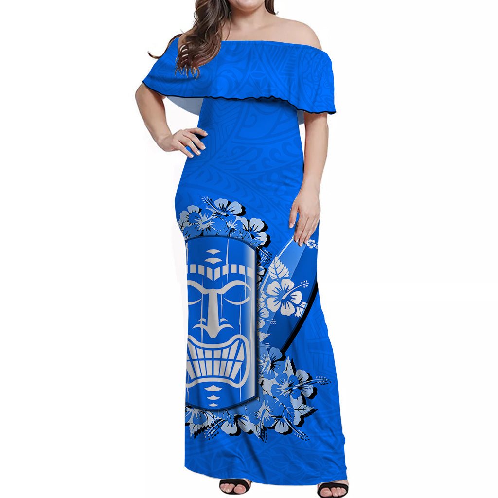 Hawaii Tiki Off Shoulder Long Dress Polynesian Blue Style