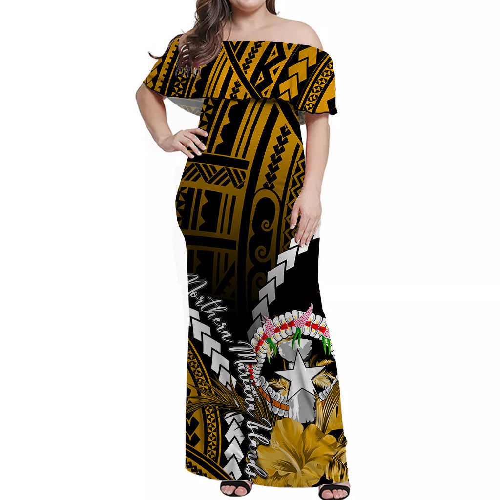 Northern Mariana Islands Off Shoulder Long Dress Polynesian Style Gold Color