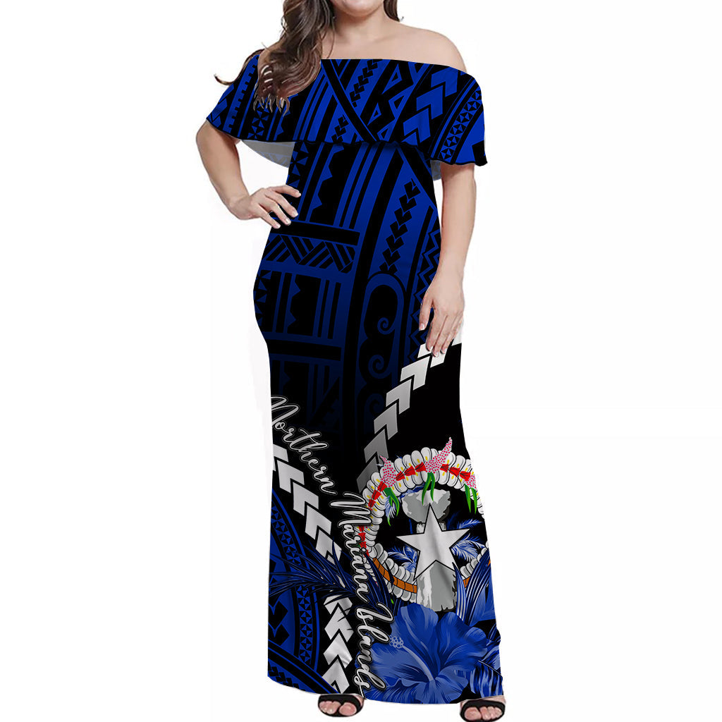Northern Mariana Islands Off Shoulder Long Dress Polynesian Style Blue Color