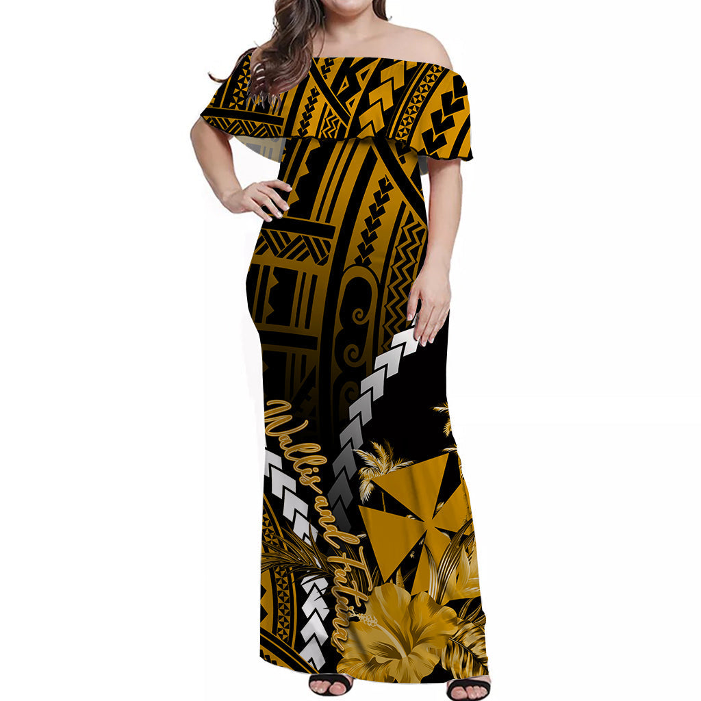 Wallis and Futuna Off Shoulder Long Dress Polynesian Style Gold Color