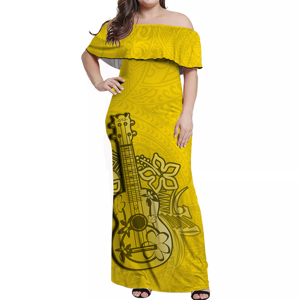 Hawaii Ukulele Off Shoulder Long Dress Polynesian Yellow Style