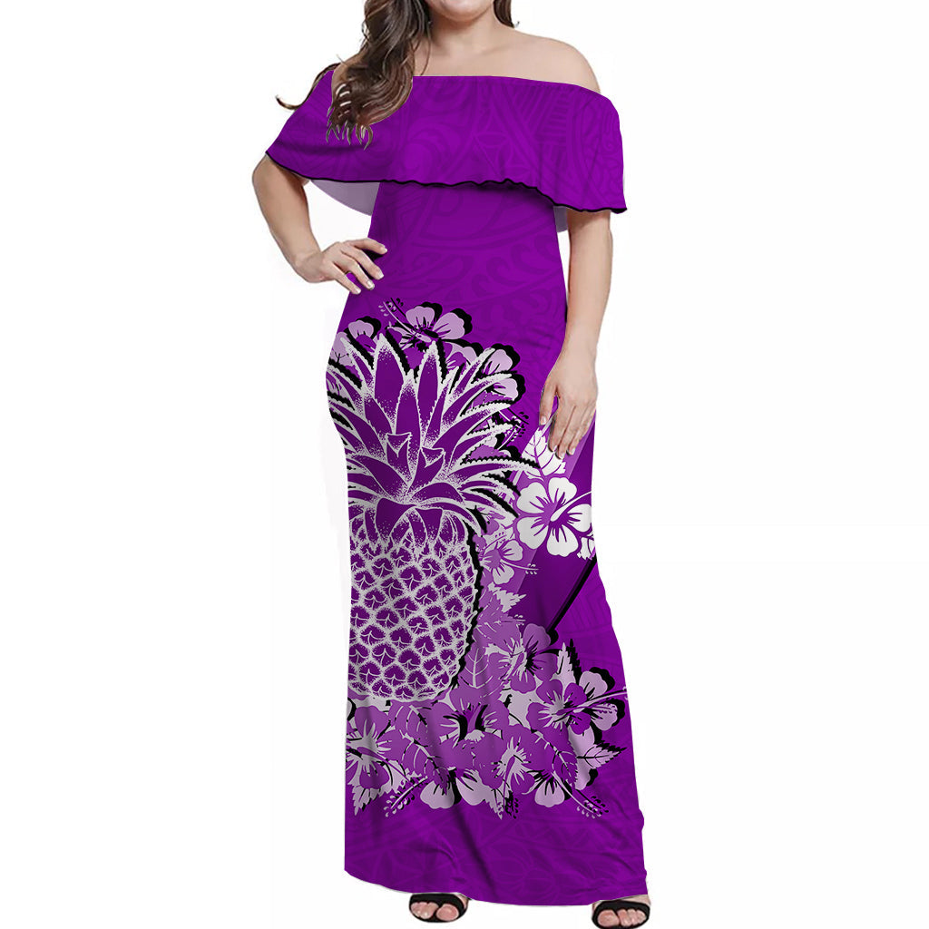 Hawaii Pineapple Off Shoulder Long Dress Polynesian Purple Style