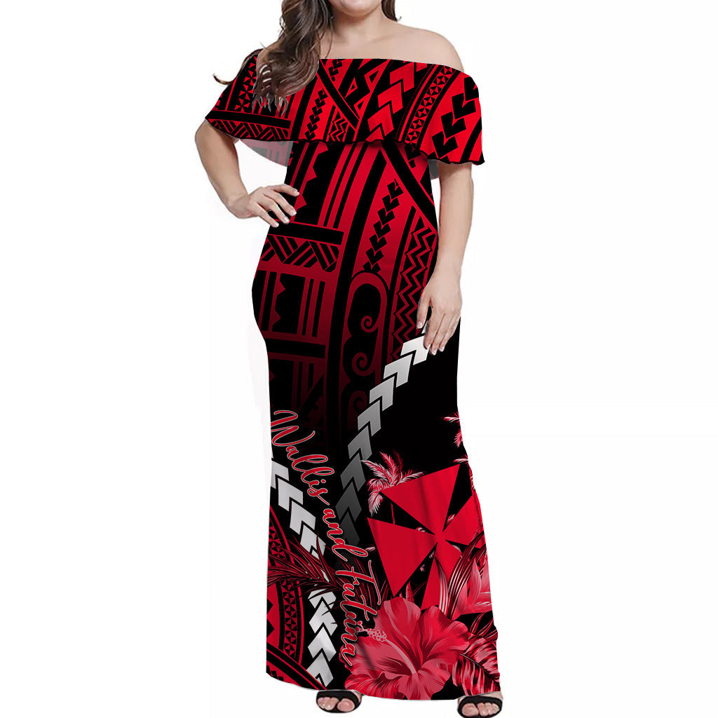 Wallis and Futuna Off Shoulder Long Dress Polynesian Style Red Color