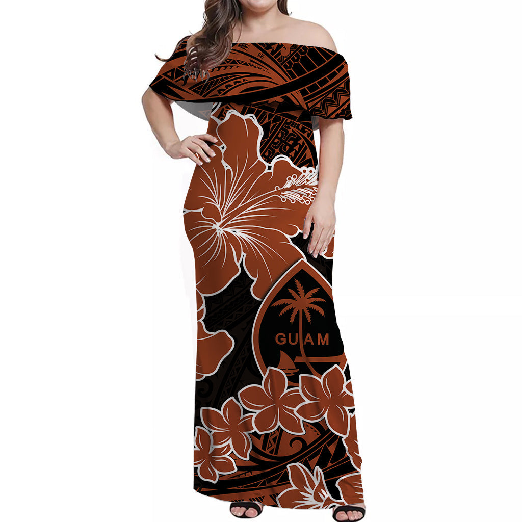Guam Off Shoulder Long Dress Hibiscus Brown Style