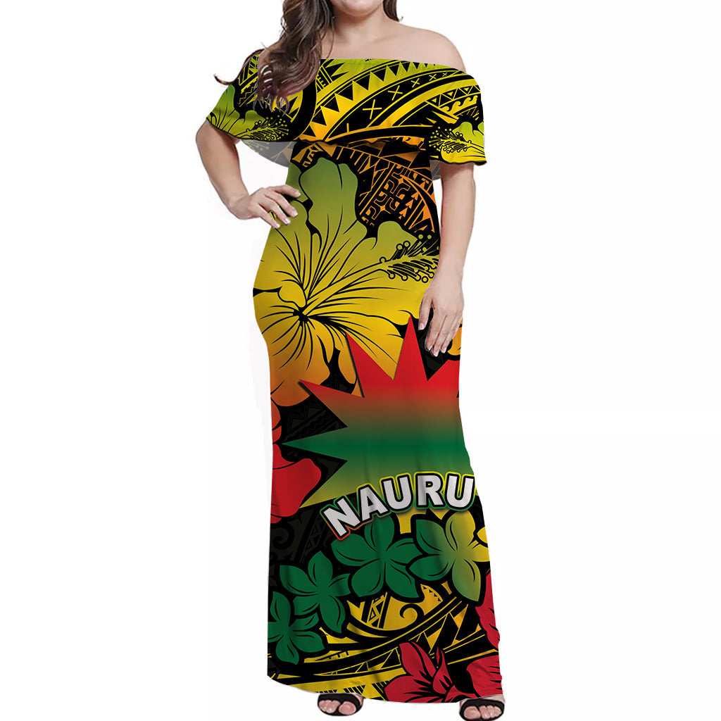 Nauru Off Shoulder Long Dress Hibiscus Mix Polynesian No.2