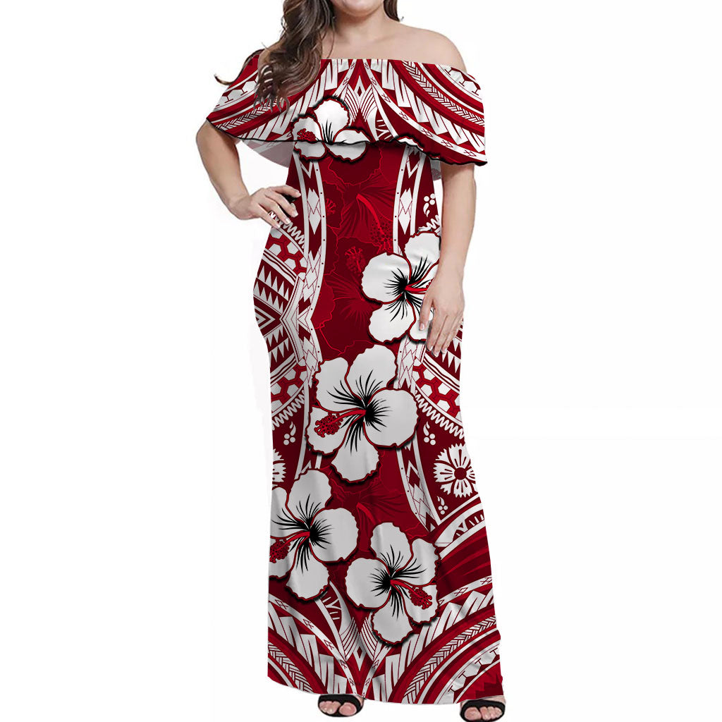 Hibiscus Off Shoulder Long Dress Fiji Patterns Red