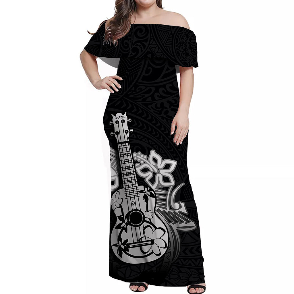 Hawaii Ukulele Off Shoulder Long Dress Polynesian Black Style