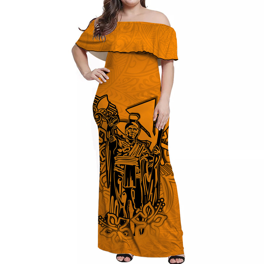 Hawaii King Off Shoulder Long Dress Polynesian Orange Style