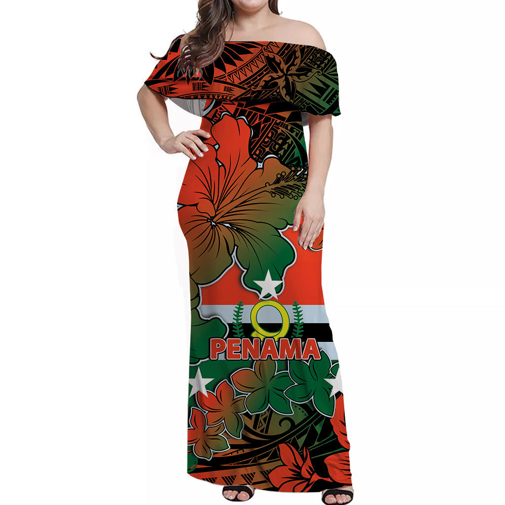 Vanuatu Penama Off Shoulder Long Dress Hibiscus Mix Polynesian