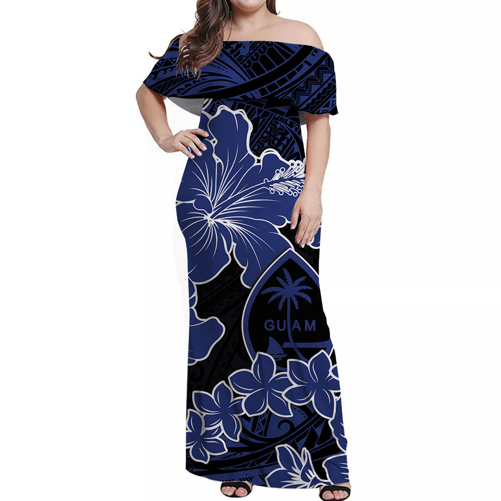 Guam Off Shoulder Long Dress Hibiscus Dark Blue Style