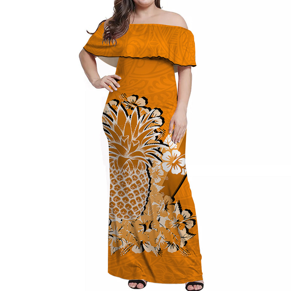 Hawaii Pineapple Off Shoulder Long Dress Polynesian Orange Style