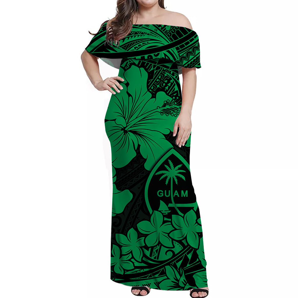 Guam Off Shoulder Long Dress Hibiscus Green Style