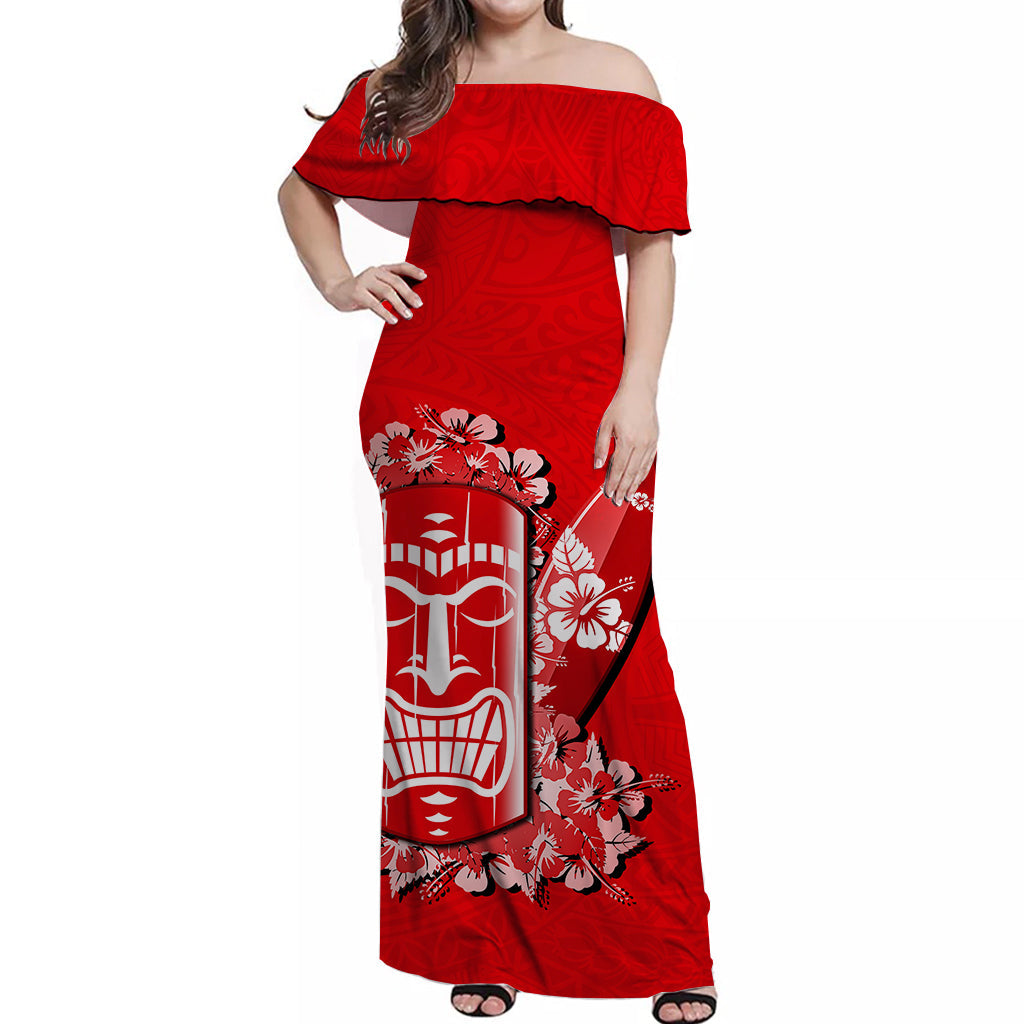 Hawaii Tiki Off Shoulder Long Dress Polynesian Red Style