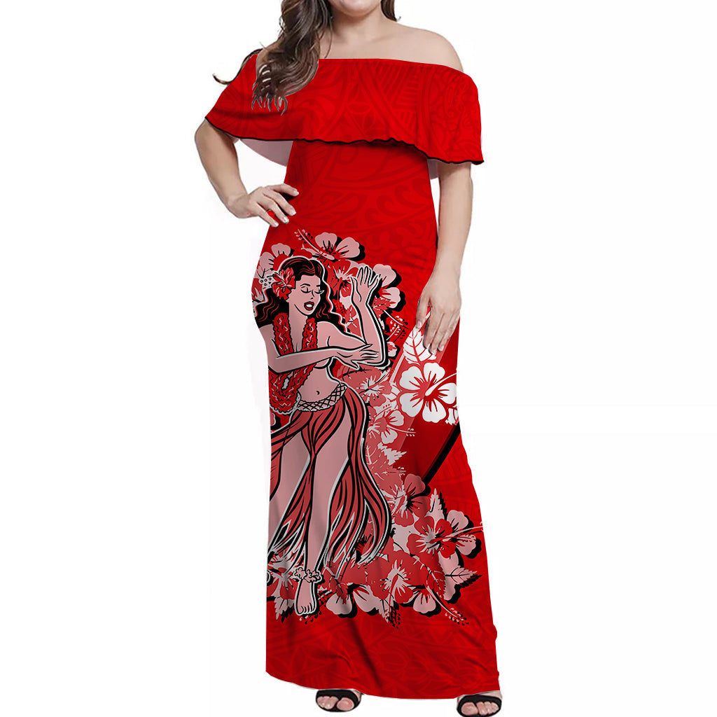 Hawaii Hula Girl Off Shoulder Long Dress Polynesian Red Style