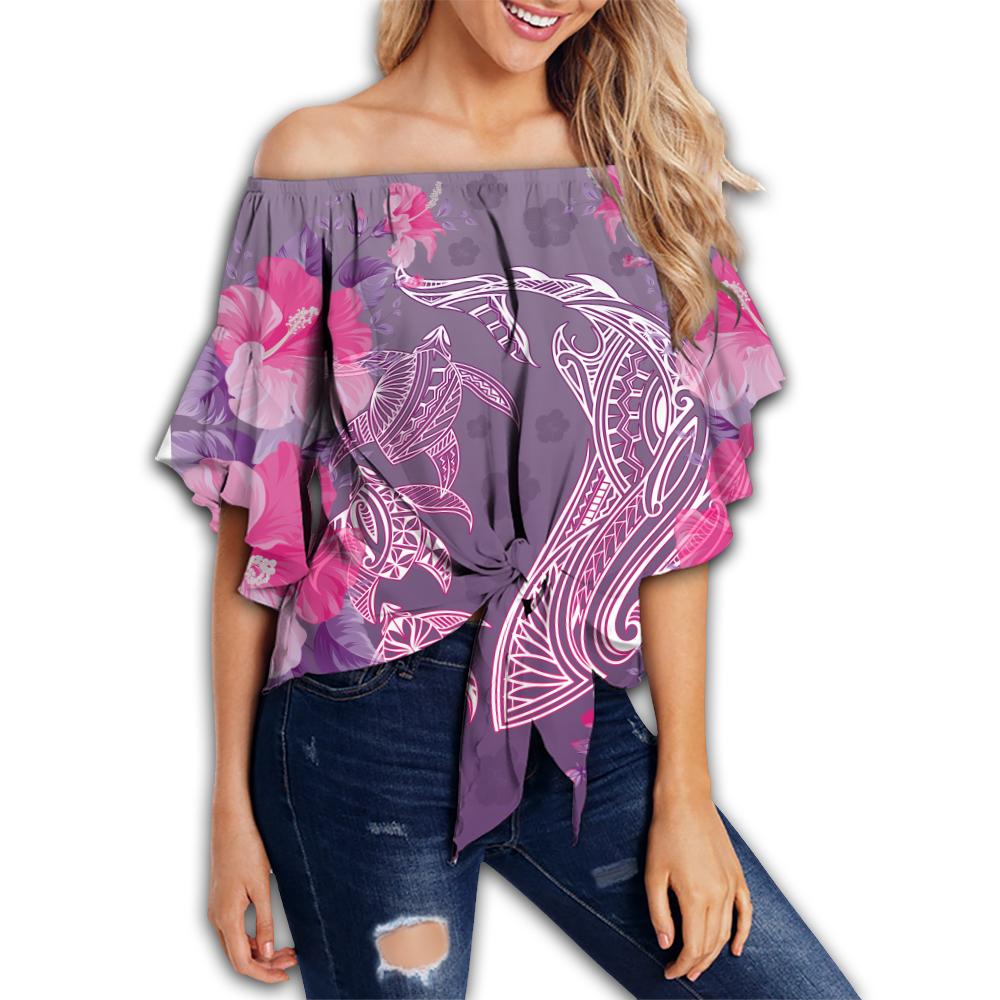 Hawaii Shark Turtle Hibiscus Off Shoulder Waist Wrap Top - Wreath Style - AH