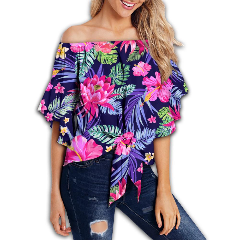 Hawaii Hibiscus Tropical Leaves Off Shoulder Waist Wrap Top - Betty Style - AH