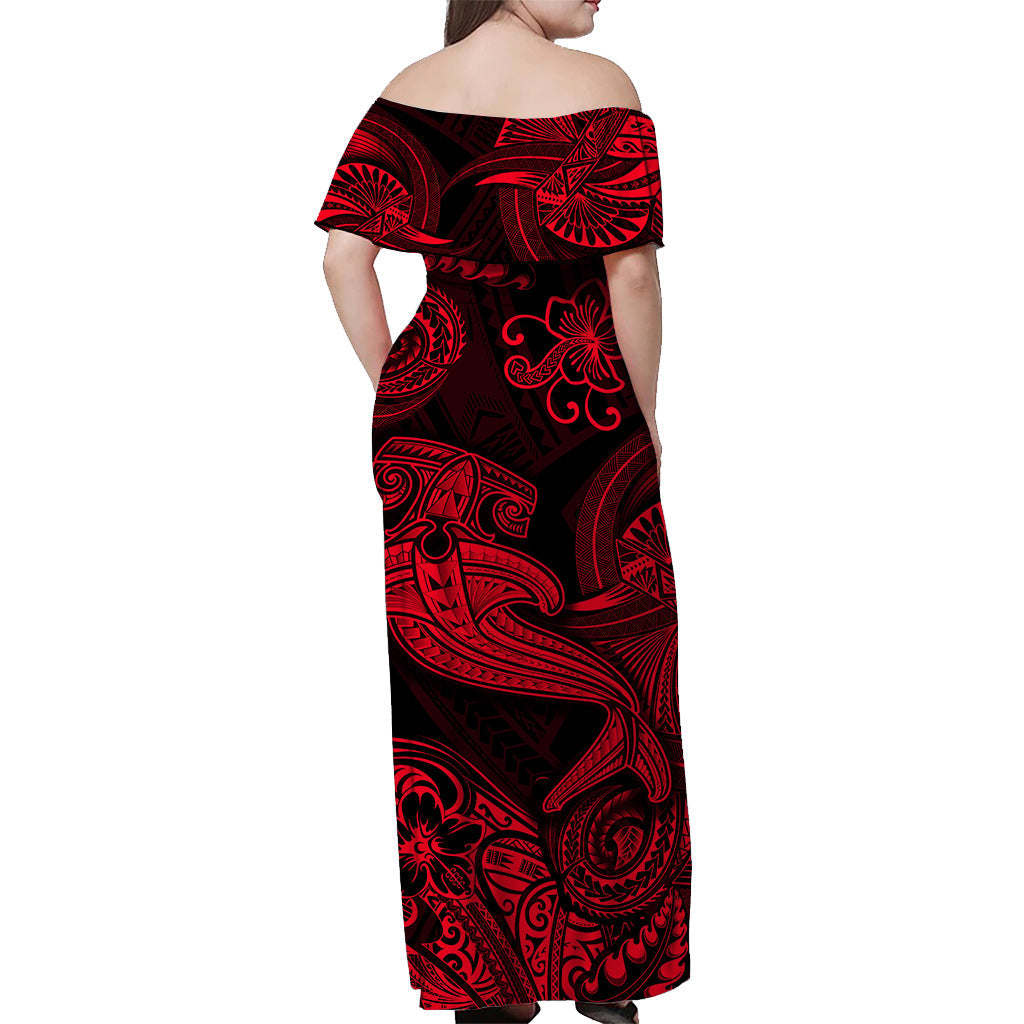 Hawaii Hammer Shark Polynesian Off Shoulder Long Dress Unique Style Red