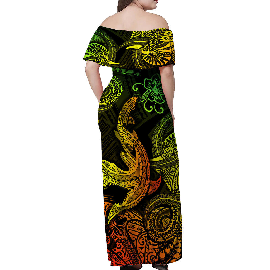 Hawaii Angry Shark Polynesian Off Shoulder Long Dress Unique Style Reggae