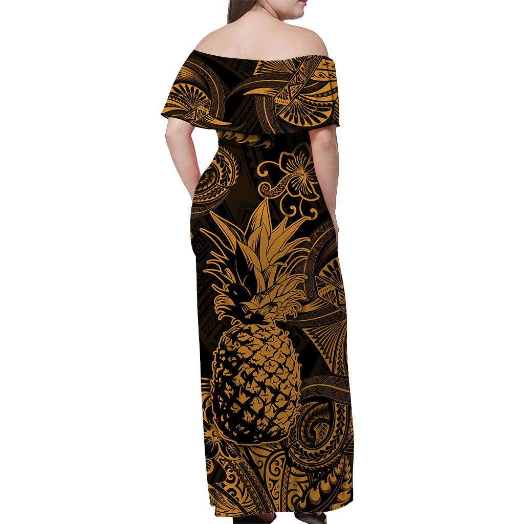 Hawaii Pineapple Polynesian Off Shoulder Long Dress Unique Style Gold