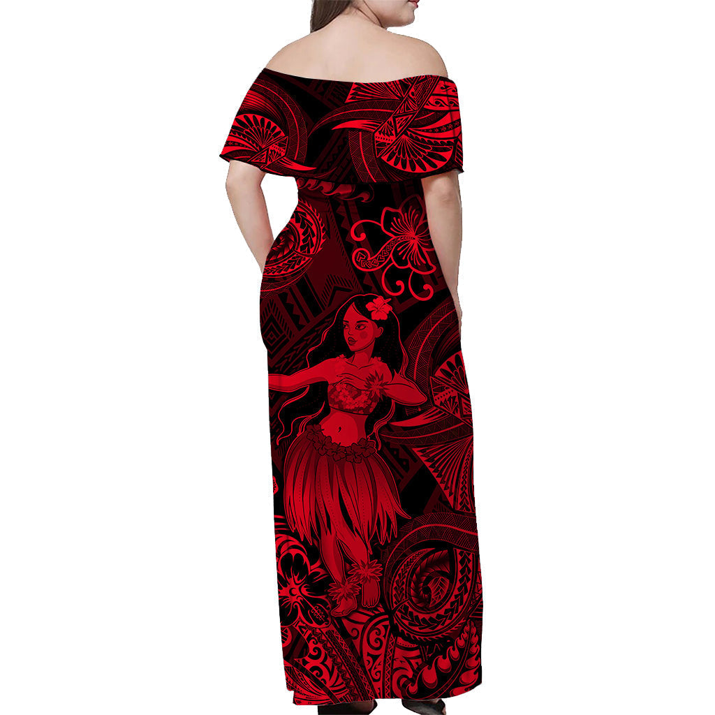 Hawaii Hula Girl Polynesian Off Shoulder Long Dress Unique Style Red
