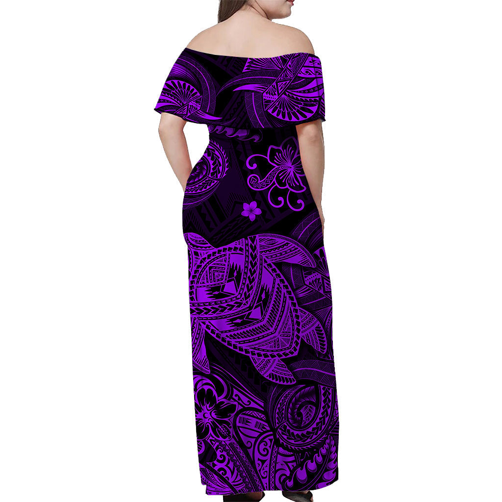Hawaii Turtle Polynesian Off Shoulder Long Dress Plumeria Flower Unique Style Purple