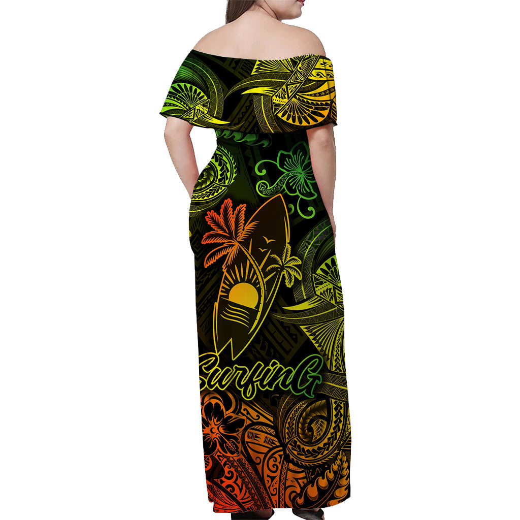 Hawaii Surfing Polynesian Off Shoulder Long Dress Unique Style Reggae