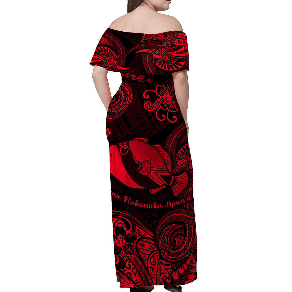 Hawaii State Fish: Humuhumu Nukunuku Apuaa Polynesian Off Shoulder Long Dress Unique Style Red