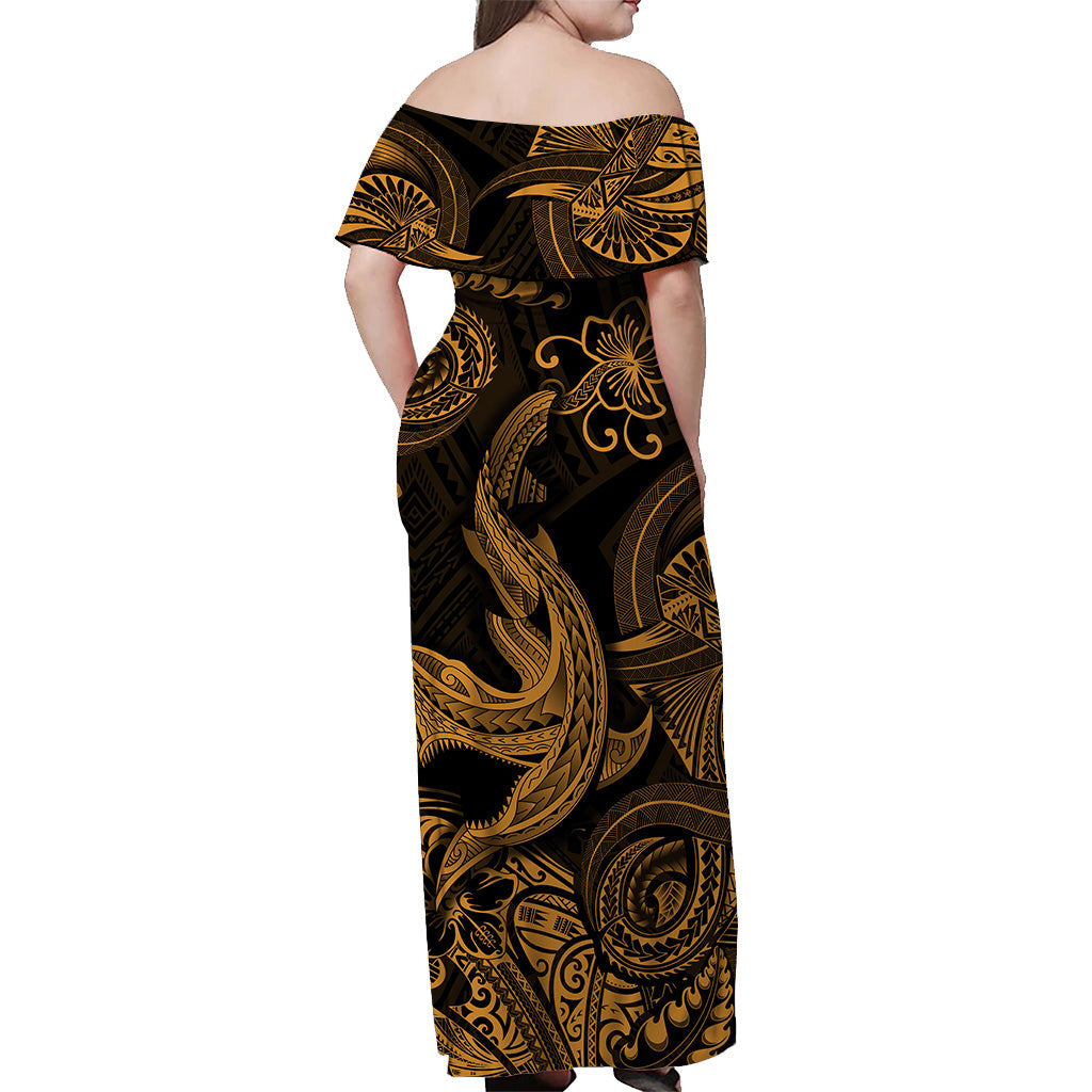 Hawaii Angry Shark Polynesian Off Shoulder Long Dress Unique Style Gold