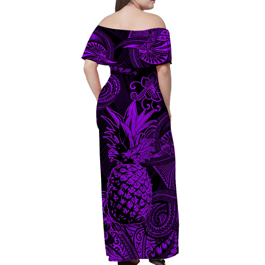 Hawaii Pineapple Polynesian Off Shoulder Long Dress Unique Style Purple