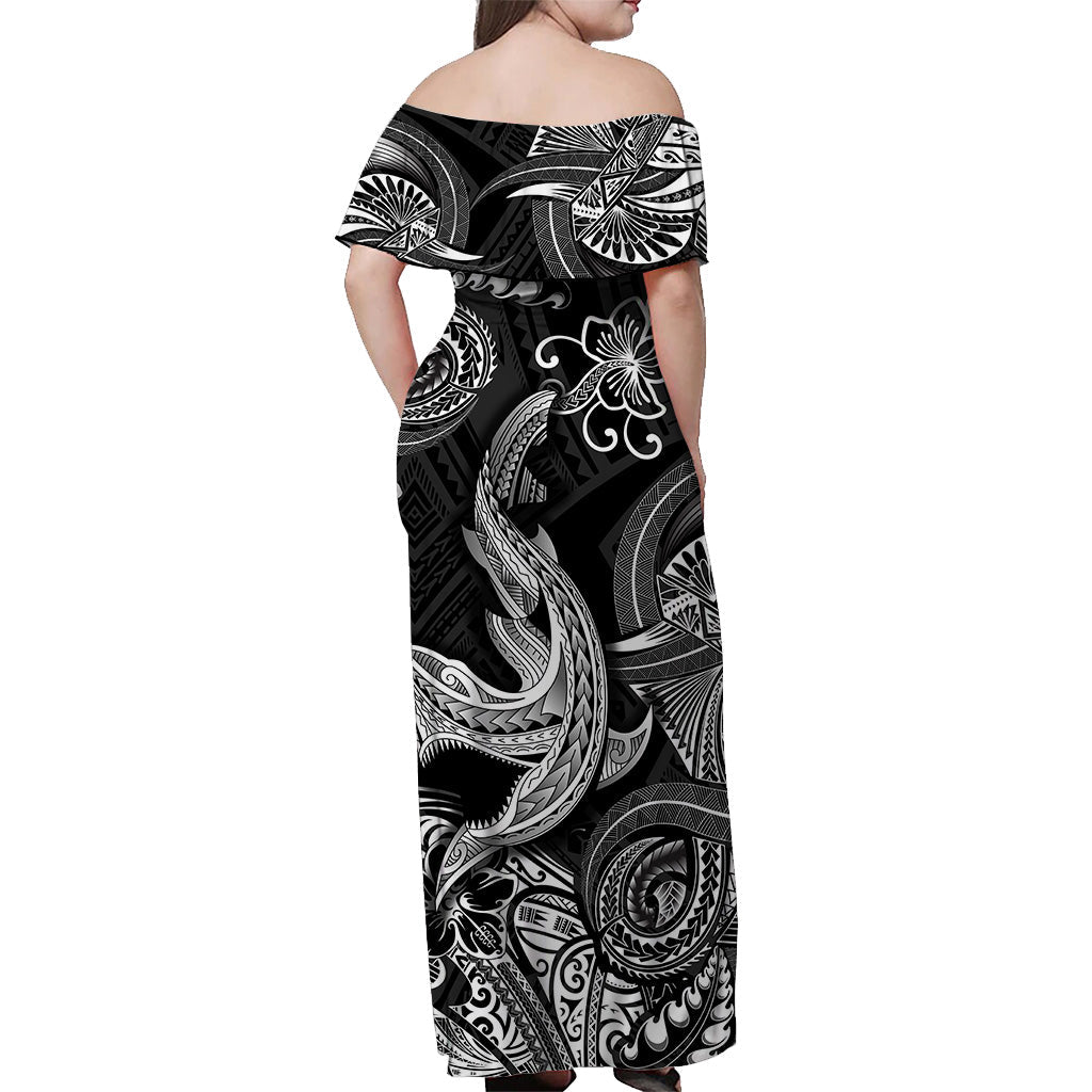 Hawaii Angry Shark Polynesian Off Shoulder Long Dress Unique Style Black