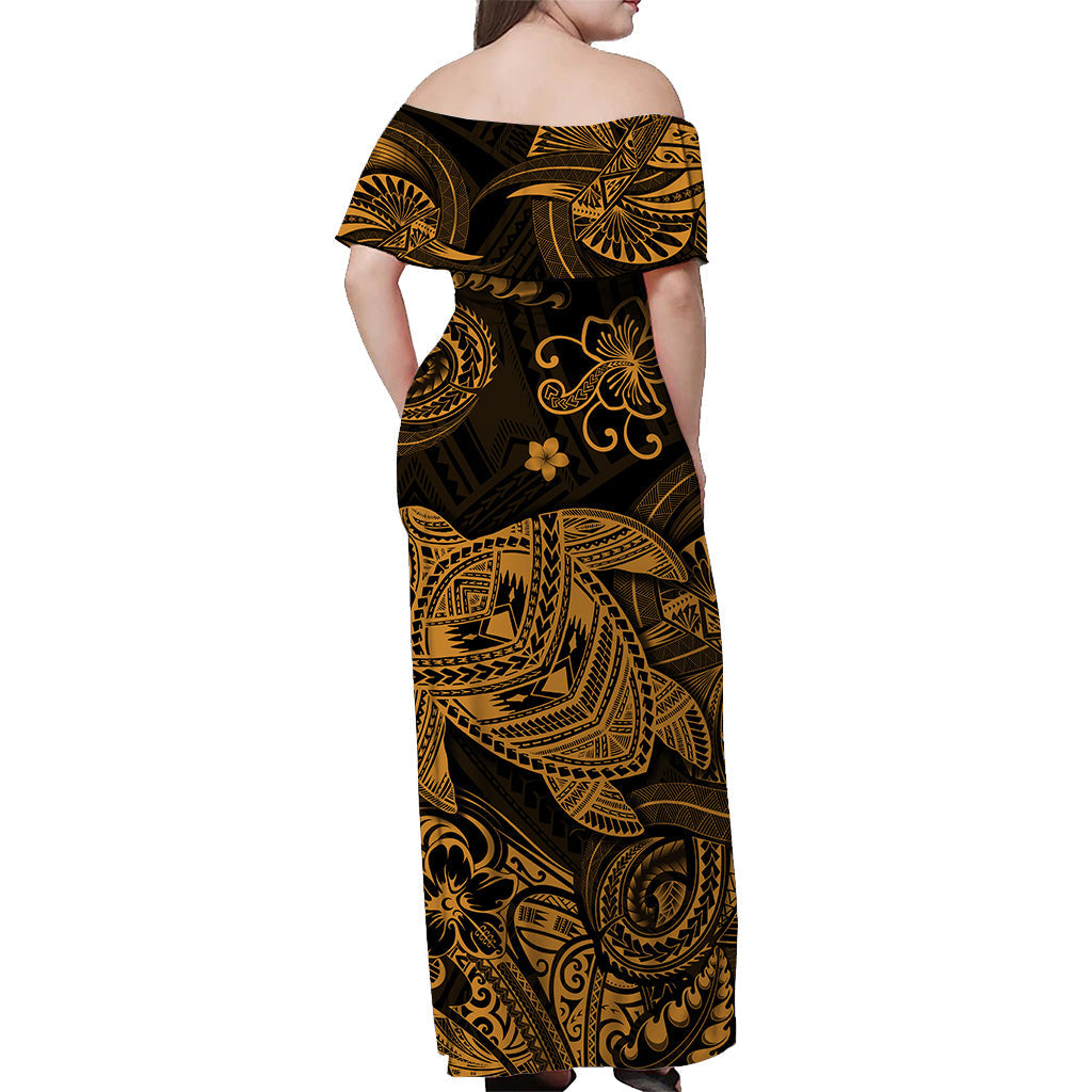 Hawaii Turtle Polynesian Off Shoulder Long Dress Plumeria Flower Unique Style Gold